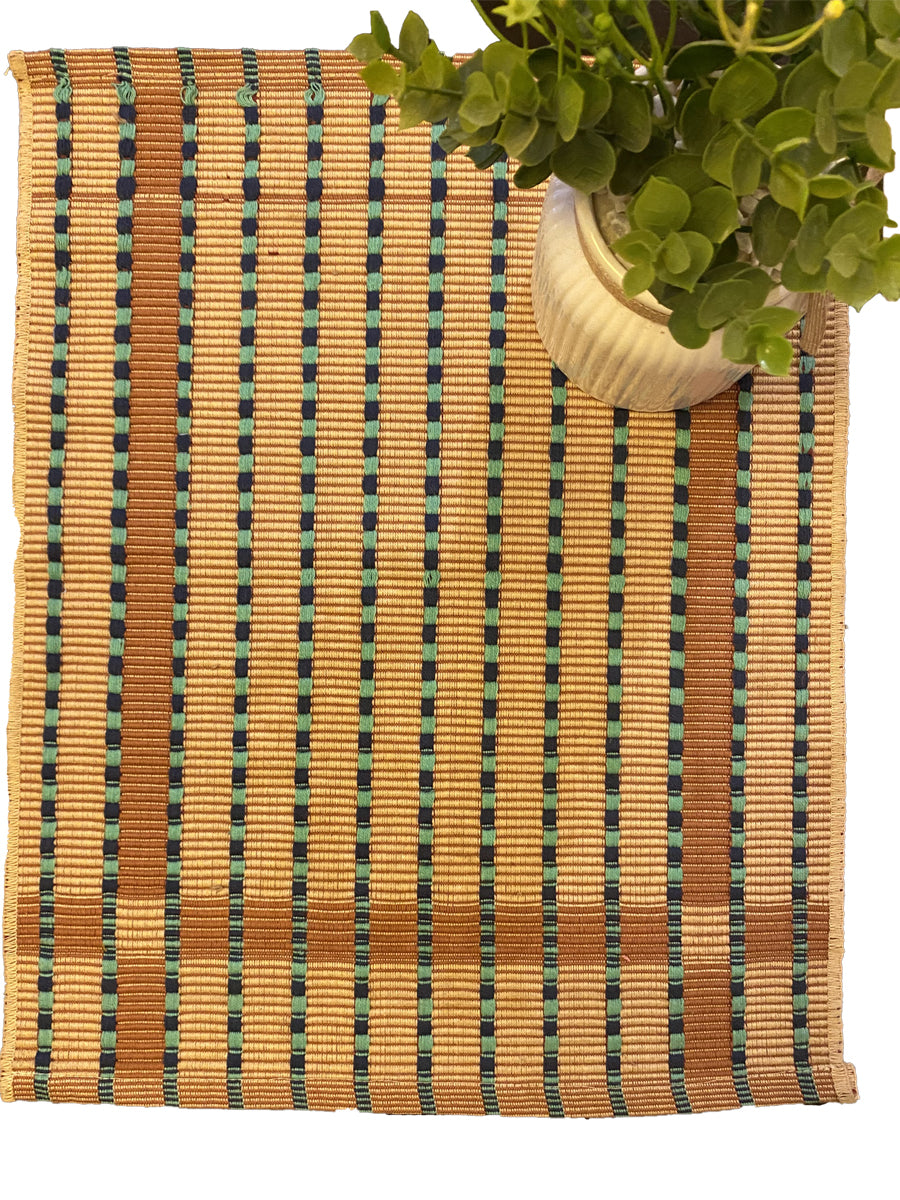 Handmade Table Mat in Sand With Blue Checkered Stripes - Size: 13" x 16" - Imam Carpet Co