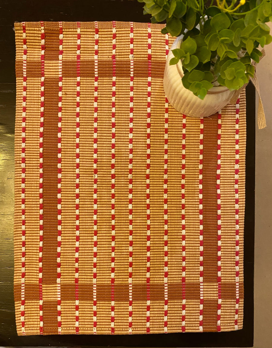 Handmade Table Mat in Sand With Pink Checkered Stripes - Size: 12" x 16" - Imam Carpet Co