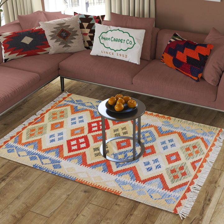 Colourful Bohemian Kilim - Size: 5.10 x 4.3 - Imam Carpets - Online Shop