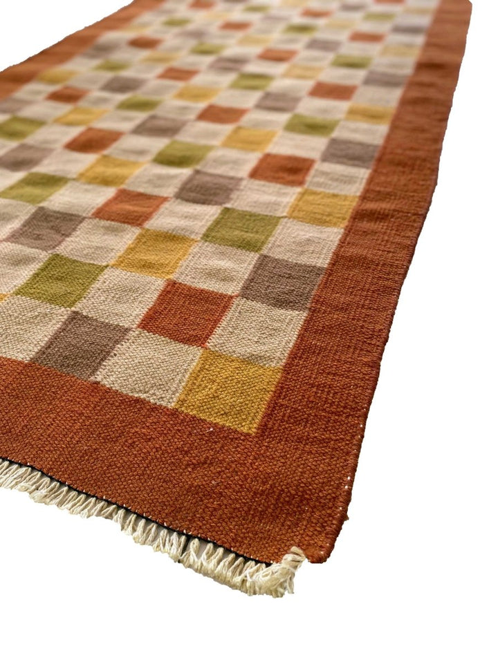 Orange Checkboxes Runner - Size: 8 x 2.7 - Imam Carpets Online Store